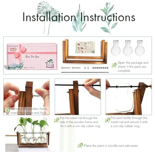 XXXFLOWER Plant Terrarium with Wooden Stand, Air Planter Bulb Glass Vase Metal Swivel Holder Retro Tabletop for Hydroponics Home Garden Office Decoration - 3 Bulb Vase - Thumbnail 3