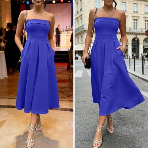 Caracilia Women’s Strapless Semi Formal Midi Dress Summer Tube Top Pleated Flowy Spring Wedding Guest Cocktail Party Dress Royal Blue Small - Thumbnail 6