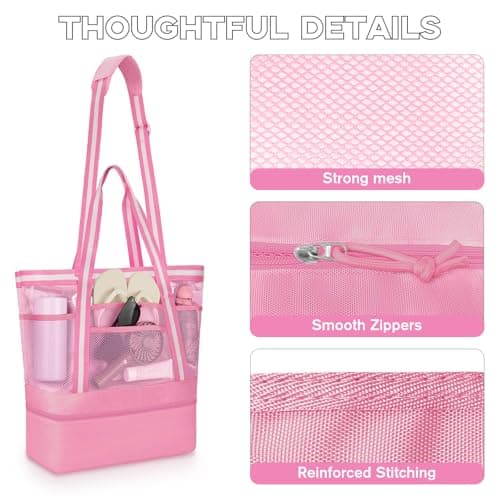 WOOMADA Beach Tote Bag With Cooler, Large Mesh Beach Bags for Women with Wet Pocket, Pool, Swim, Travel Essentials(Hot Pink White) - Thumbnail 6