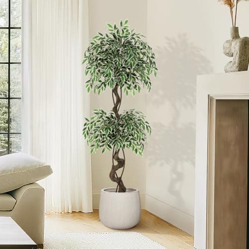 GarveeHome Artificial Ficus Tree for Home Decor Indoor,5 ft Faux Floor Tree White Imitation Ceramic Planter, Indoor Outdoor Lifelike Fake Ficus Tree with Pebbles & Green Fake Moss for Office - Thumbnail 3