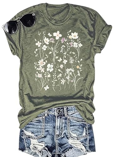 Womens Boho Floral Shirt Vintage Flower Tee T-Shirt Summer Short Sleeve T Shirts Cute Graphic T Shirt(B14A-Green1,L)