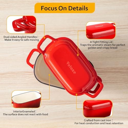 Velaze 3.6QT Dutch Oven for Bread Baking,Oval Cast Iron Enameled Bread Oven Pan with Lid and Offset Handles,Oven Safe to 500°F for Homemade Sourdough Bread(Red) - Thumbnail 5