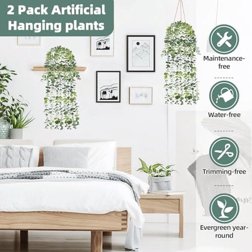 2 Pcs Fake Hanging Plants, Artificial Hanging Vines Plant, Faux Potted Eucalyptus Plants, Boho Home Decor for Indoor Outdoor, Wall Shelf Office Living Room Bedroom Bathroom Farmhouse Decorations - Thumbnail 5