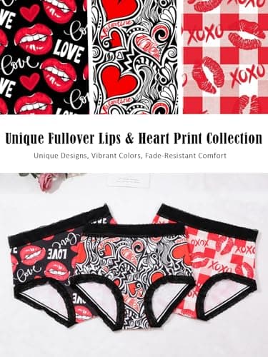 Dircho Women's Gothic Boy Short Panties, 3 Pack Heart & Lip Print Underwear, Romantic Stretchy Lace Trims Brief - Thumbnail 4