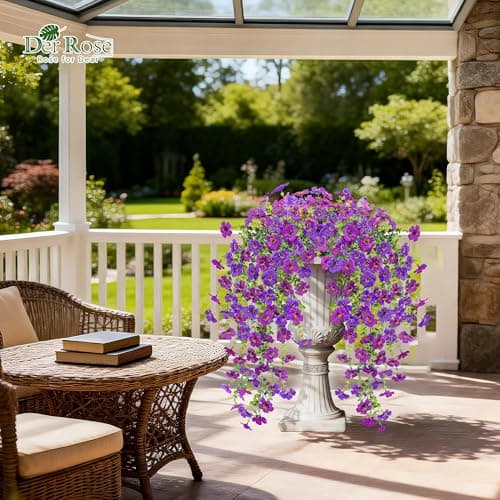 Der Rose Artificial Hanging Flowers for Outdoors UV Resistant Fake Hanging Plants for Spring Decoration, Realistic Silk Flowers with Trailing Vines for Porch Patio Balcony Fence Garden Decor - Thumbnail 2