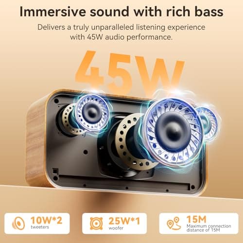 KUANGXIANG Bluetooth Speaker 45W(Peak) Wireless Portable Speaker with Bass, TWS Pairing, AUX, TF Card, Voice Assistant, Loud Wireless Wood Speakers, Retro Speaker for Home Party, Outdoor Camping - Thumbnail 4