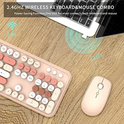 Wireless Keyboard and Mouse Combo Cute Colorful Keyboard and Mouse, Retro Typewriter Keyboard with 2.4GHz Plug & Play, for Windows 11/10/7, Laptop, PC (Milk Tea) - Thumbnail 4