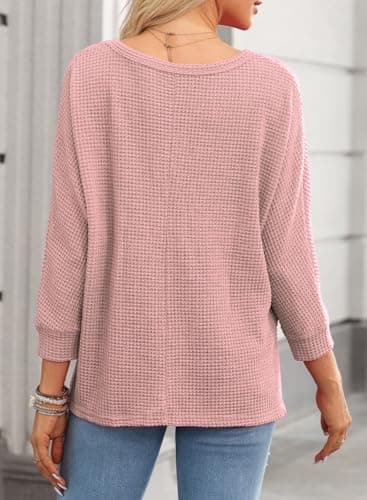Dokotoo Womens Long Sleeve Tops Plus Size Women Blouses Dressy Casual Fall Outfits for Women 2026 Oversized Shirts Waffle Knit Top Business Casual Outfits Pink Blouses M - Thumbnail 2