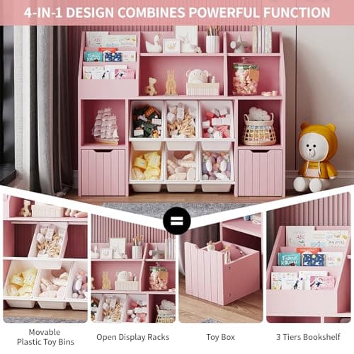 Wooden Wide Bookshelf,Tiered Bookshelves,with 2 Mobile Drawers on Wheels and 6 Removable Storage Baskets,Anti-tip Design,Suitable for Living Rooms,Bedrooms and Game Rooms (Tiered bookshelf-Pink-02) - Thumbnail 4