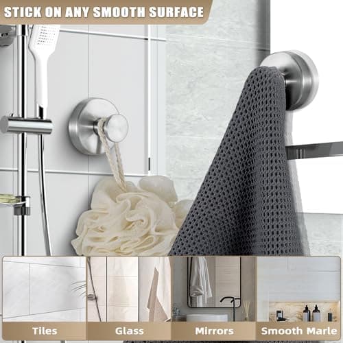 Fenas Suction Cup Hooks for Shower No-Drill Bathroom Hooks for Towels, Robes, Loofah Mountable on Bathroom Walls, Kitchen, Glass, Mirrors, Tile and Smooth,Non-Porous Surfaces (2, Brushed Nickel) - Thumbnail 2