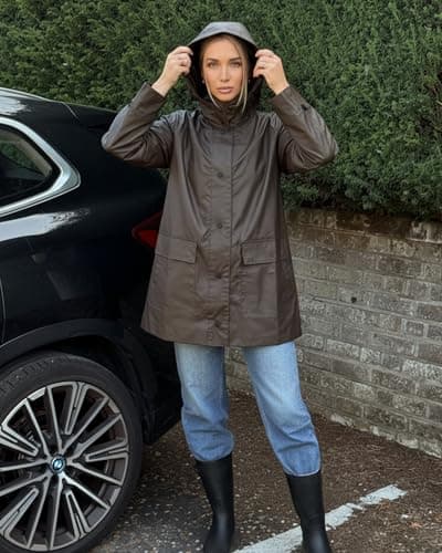 Women's Waterproof Raincoat Jacket with Hood - Lightweight, Stylish Windbreaker with Snap Buttons & Metal Detail - Waterproof Rain Gear for Women, Light Rain Poncho for Outdoor, Daily Wear(Brown)-L - Thumbnail 2