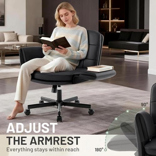 Hayelf Criss Cross Chair with Wheels - PU Leather Comfy Wide Seat Criss Cross Desk Office Chair with Armrests - Comfortable Swivel Rolling Tilting Vanity Chair with Back for Home Office Makeup Bedroom - Thumbnail 3