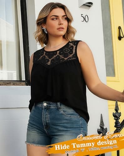 Summer Tank Tops for Women - Sleeveless Womens Tank Tops, Floral Lace Top Loose Fit Round Neck Blouses for Casual Wear Black - Thumbnail 5