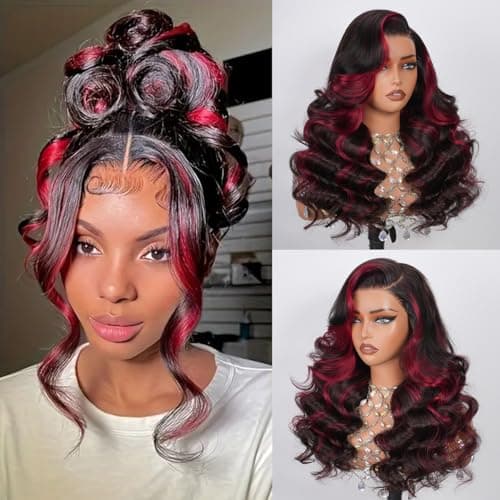 Red Burgundy Highlight Wigs Human Hair Ombre Skunk Strip Body Wave Red And Black 9x6 Glueless Lace Closure Colored Wig Human Hair 9x6 HD Lace Frontal Wigs 200 Density Pre Plucked For Women 28 Inch - Image 1