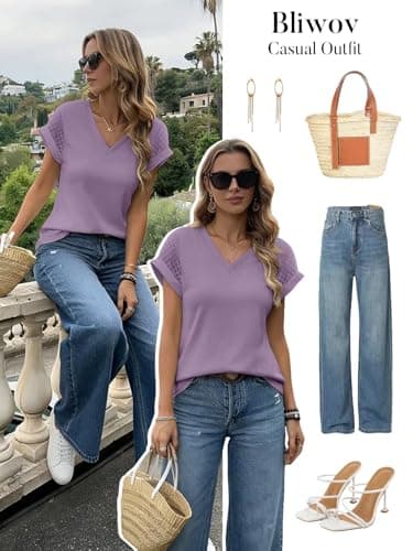 Bliwov Womens Summer Tops V Neck Lace Short Sleeve T Shirts Dressy Casual Business Outfits 2026 Spring Fashion Tee Clothes Light Purple - Thumbnail 4
