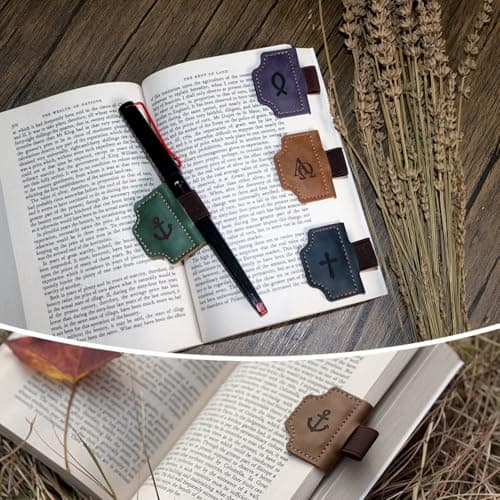 Buyborgood 4 Pcs Personalized Magnetic Leather Bookmark Pen Holder Book Lovers Christian Gifts Bygone Mark for Reading, Purple-Jesus Fish + Brown-AΩ + Blue-Cross + Green-Anchor - Thumbnail 2
