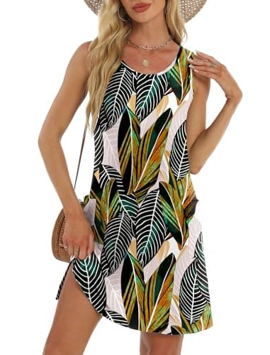 BKRIVE Womens Summer Dresses Loose Fit Round Neck Sleeveless Sundresses Beach Fashion Tank Dress with Pockets Flora Blue Leaf XL - Image 1