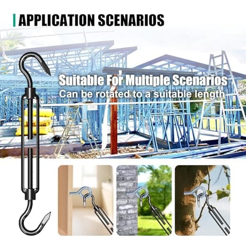 PROWIN 4PCS M6 Premium Stainless Steel Hook & Hook Turnbuckle, Black Turnbuckle for Wire Rope Tension, Shade Sail Hardware, Sun Shade Tent Installation - Thumbnail 6