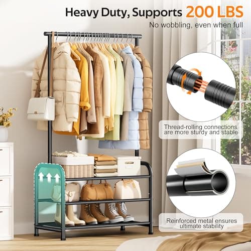 MISSLO Sturdy Clothing Racks for Hanging Clothes with 3 Shelves Garment Rack Heavy Duty Clothes Rack with Shoe Storage for Coats, Garment, Dress, Black - Thumbnail 2