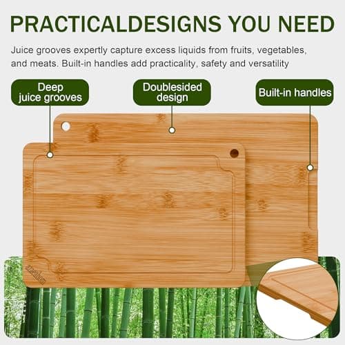 Bamboo Cutting Boards for Kitchen, 2-Piece Wood Cutting Board Set with Juice Grooves & Built-in Handles, Easy Storage & Clean Chopping Board for Meat, Vegetables, Fruit - Thumbnail 5