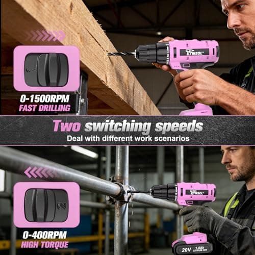 TIKEOL 20V Cordless Pink Drill Set with Battery & Charger, 2-Speed Power Drill for Women, Pure Copper Motor, 250 In-lbs, 3/8" Keyless Chuck, Tool Kit for Home DIY（Pink） - Thumbnail 5