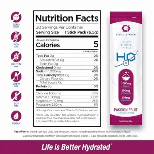 Cellutrex® H2O Electrolytes – Electrolyte Powder Drink Mix, Zero Sugar, Natural Himalayan Salt Hydration Packets for Recovery and Wellness, FSA-HSA, Passion Fruit, 20 Sticks - Thumbnail 2