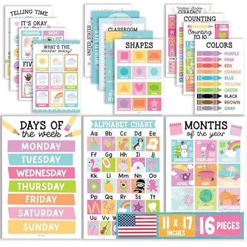 Hadley Designs 16 Educational Posters for Toddler Learning Activities - Laminated Pre-K Posters for Toddlers 1-3, Homeschool Essentials & Preschool Learning Activities, Kindergarten Classroom Decor - Image 1