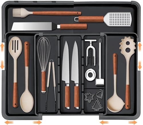 Spaclear Large Utensil Drawer Organizer Expandable Silverware Organizer for Kitchen Drawer Adjustable Cooking Utensil Holder Cutlery Flatware Tray Spatula Tools Gadgets Storage Dividers Plastic Black - Image 1