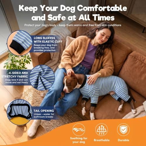 LovinPet Giant Dogs PJS Apparel, Blue and Yellow Stripe Dog Shirt, 4-Legged Design, Full Body Coverage, Large Breed Dog PJS, Pajamas for Pitbulls, Onesies for Dogs,XL - Thumbnail 5