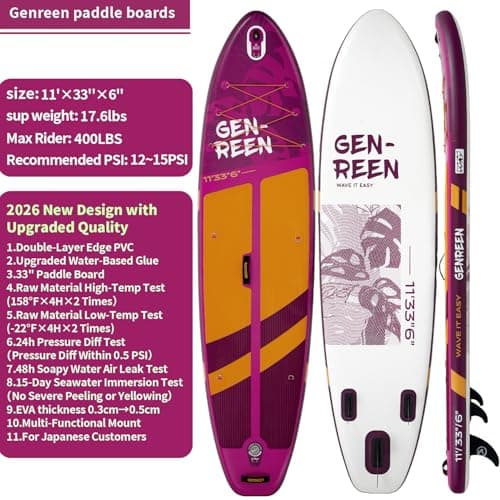 Genreen Paddle Board Stand Up Inflatable SUP Newly Improved 400LBS EVA 0.5cm 3 Fins Quality Inspection5 for Japanese Customers Ultra Stable 11'33"6" Monstera Red Violet Peru - Thumbnail 2