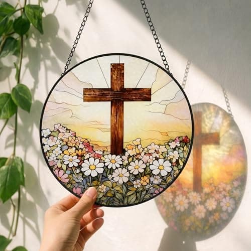 Russel Molly 8 Inch Stained Glass Cross and Wildflowers Suncatcher Christian Stained Glass Windows Hanging Flower Cross Gift for Religious Mother's Day Faith Christian Gifts Religious Home Decor - Thumbnail 3