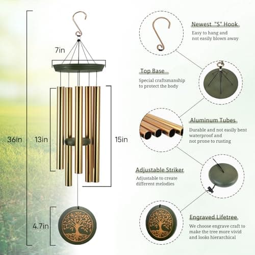Memorial Wind Chimes for Outdoor & Gifts – Engraved Tree of Life, 36” Durable Metal Chimes with Soothing Melodies, Waterproof & Customizable Tones - Thumbnail 2