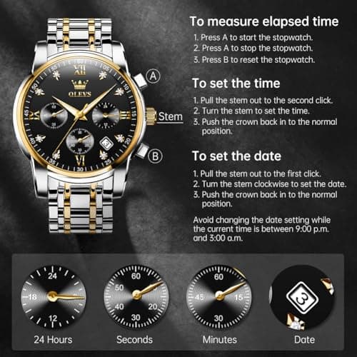 OLEVS Watch Men Black Face Gold and Silver Watches for Men Waterproof Stainless Steel Large Face Mens Watches Business Chronograph Analog Quartz Men's Wrist Watch Dress Two Tone Reloj para Hombre - Thumbnail 5