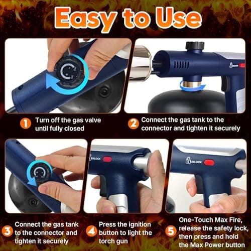 Powerful Propane Torch Gun, One-Touch Max Fire, Charcoal Torch Lighter with Adjustable Flame&Safety Lock, Kitchen Blow Torch for Cooking, BBQ, Searing Steak, Grill (Tank Not Included) - Thumbnail 6