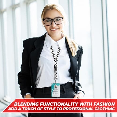 Black and White Checkered Lanyard - 17" x 0.8" Checkered Lanyards for ID Badges with Durable Polyester Strap & Detachable Stainless Steel Clasp - Lightweight Unisex Design Fits Keys, ID Cards & Passes - Thumbnail 5