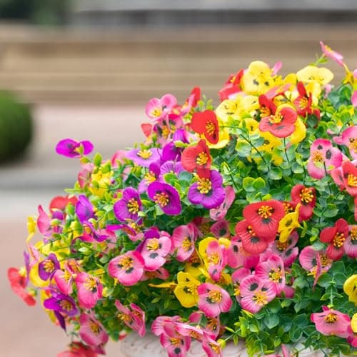 U'Artlines Artificial Flowers for Outdoor, 16 Bundles Realistic Pansies Fake Flower Plants with Eucalyptus, UV Resistant Colorful Silk Flower for Outside Planter Porch Garden Patio - Thumbnail 6