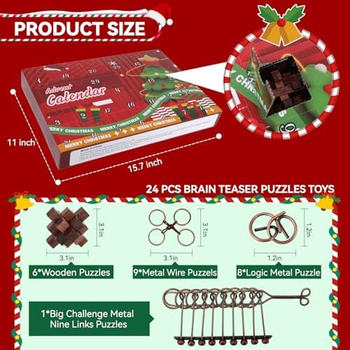 24 Pcs Brain Teaser Puzzles for Kids Adults - Metal and Wooden Puzzles for Adults Teens, Unlock Interlocking Puzzle IQ Education Smart Toys,Difficult Magic Brain Teaser Puzzle - Thumbnail 4
