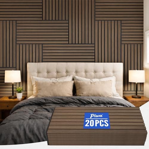 PIWA Wood Slat Acoustic Wall Panels, 20 Packs 23.6" x 11.8" Dark Walnut Soundproof Panel for Interior Wall Decor Noise Absorbing-3D Textured Wooden Panel Sound-Absorbing for Home, Office, Studio - Image 1