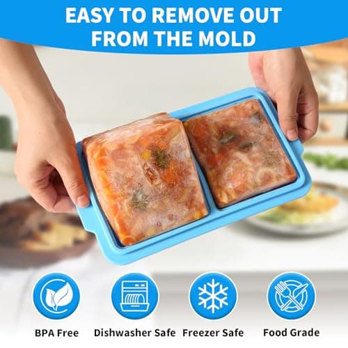EuChoiz 2 Pack Silicone Freezer Tray Cubes 1 Cup with Date Mark Lids for Freezing Food Leftovers Sauces Portion and Lasagna Broth, Soup Freezer Molds for Meal Prepping Thick Enough - Thumbnail 4