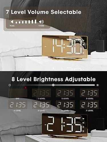 Loud Alarm Clock for Heavy Sleeper, 2 Alarms Big Display Clock with Bed Shaker for Hard of Hearing Deaf,Plug in Bedroom Mirror Clock,Phone Charger,Dimmer,Simple Digital Clock for Senior Adult Teen Kid - Thumbnail 5