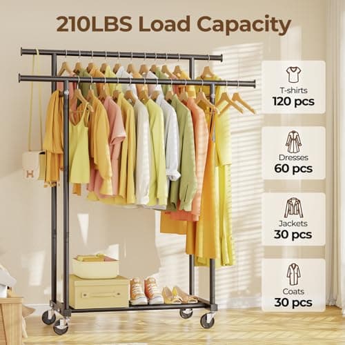 HYSEYY Double Rods Clothes Rack, Rolling Clothing Rack for Hanging Clothes Portable Wardrobe Rack, Metal Garment Rack Sturdy Coat Rack for Bedroom Laundry Living Room, Black - Thumbnail 2