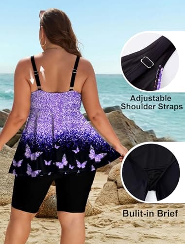 Arolina Plus Size Swimsuit for Women Tummy Control 2 Piece Bathing Suits Tankini Sets with Shorts Purple Butterfly (16W) - Thumbnail 2