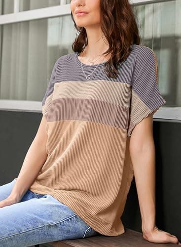Dokotoo Trendy Tops for Women 2026 Color Block T Shirts Casual Lightweight Short Sleeve Ribbed Knit Tops Loose Fit Cute Summer Top Honey Gold X-Large - Thumbnail 5