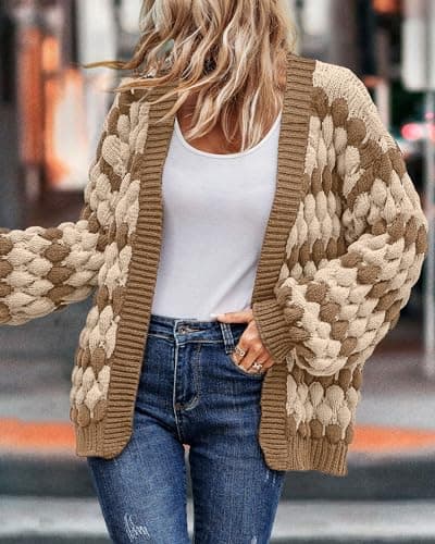 KIRUNDO Cardigan Sweaters for Women Trendy Fall Lantern Long Sleeve Open Front Striped Color Block Cable Knit Sweater Jackets Winter Coats Boho Cardigan Khaki(Khaki, Large) - Thumbnail 5
