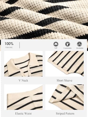 Tankaneo Womens 2 Piece Outfits Striped Knit Summer Sets V Neck Short Sleeve Tops and Shorts Lounge Matching Set Beige Small - Thumbnail 5