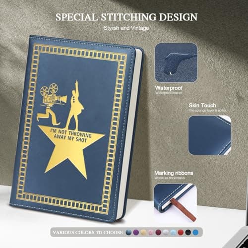 QDWXDEL Broadway A5 Hardcover Leather Journal for Women - 200 Pages Premium Paper Notebook, Theater Journal Notebook for School, Work (THROWING Blue) - Thumbnail 3