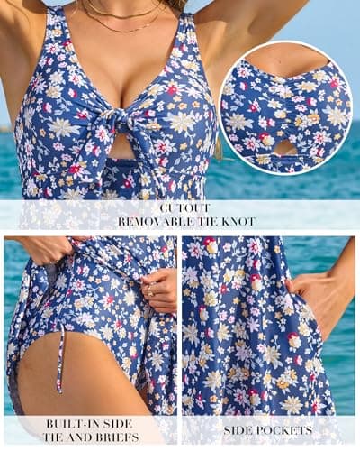 Charmo Swim Dress for Women Swimwear Cutout One Piece Swimsuit V Neck Skirted Bathing Suits Modest Swimming Suit Blue Flower S - Thumbnail 4