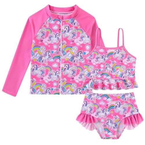 Funnycokid 4T 5T Swimsuit Kids Little Girls Unicorns Rainbow Pink Bathing Suit Rashguard Sets Swimwear Sun Protection Long Sleeve 3 Piece Swimming - Image 1