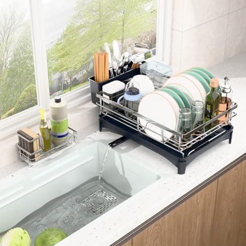 Azevix Dish Drying Rack, 304 Stainless Steel Dish Racks for Kitchen Counter with Cutlery Holder & Sponge Holder, Large Dish Drainer with Removable Drainboard, 11.8''W x 16.7''L (Stainless Steel) - Thumbnail 4