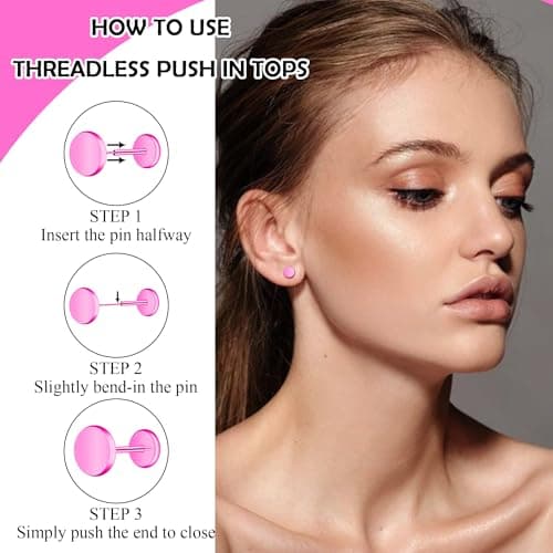 ZDE Women Earrings Threadless Flat Back Dot Earrings Titanium Hypoallergenic Cartilage Non-Nickel Black Push in Earrings Studs for Sensitive Ears Simple Classic Earstuds (Pink, 5MM) - Thumbnail 3